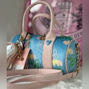 Juicy Couture Retro Juicy Cherry  hearts Mini Barrel Crossbody Bag Blue Gleam